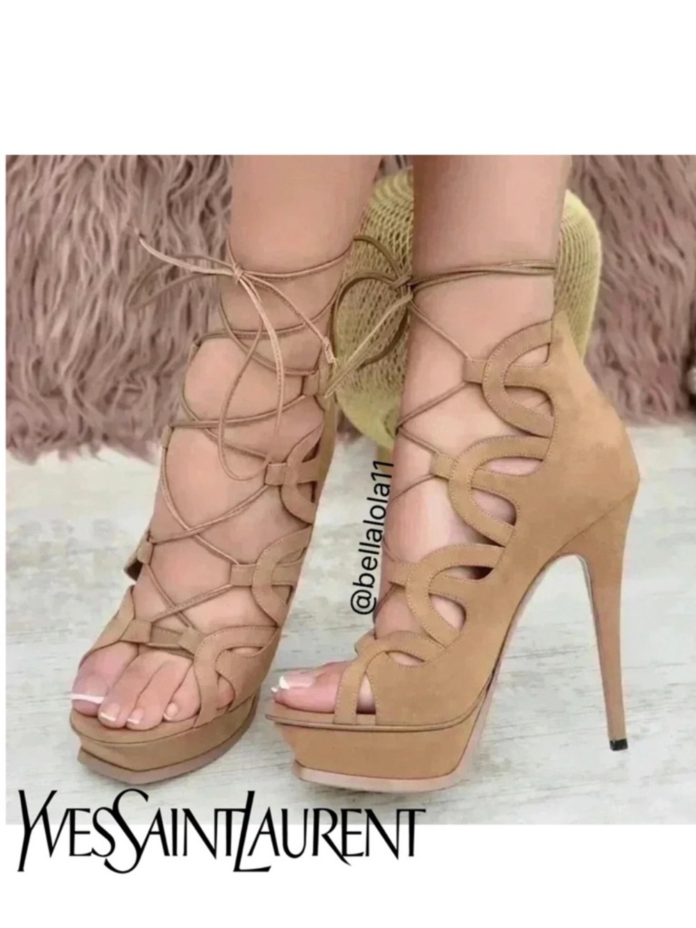 NEW IN BOX AUTHENTIC YSL LACE UP PLATFORM HEELS - Picture 2 of 11